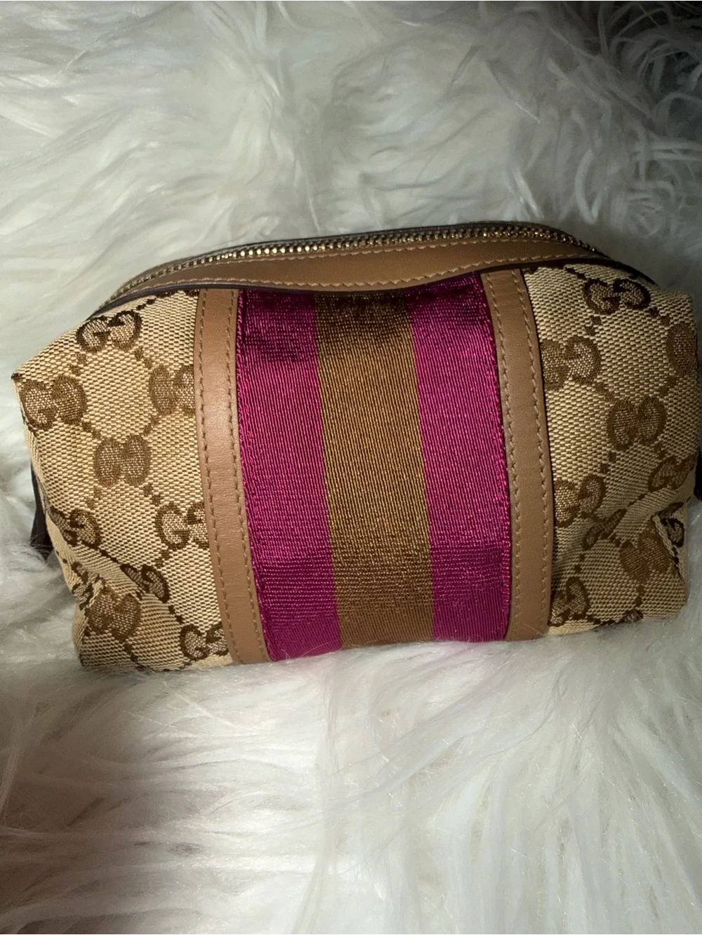 Gucci Beige GG Canvas Cosmetic Pouch with Pink and Brown Center Stripe
